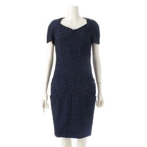 Chanel Alpaca Wool Coco Mark Short Sleeve Tweed Dress P44360 Blue 36
